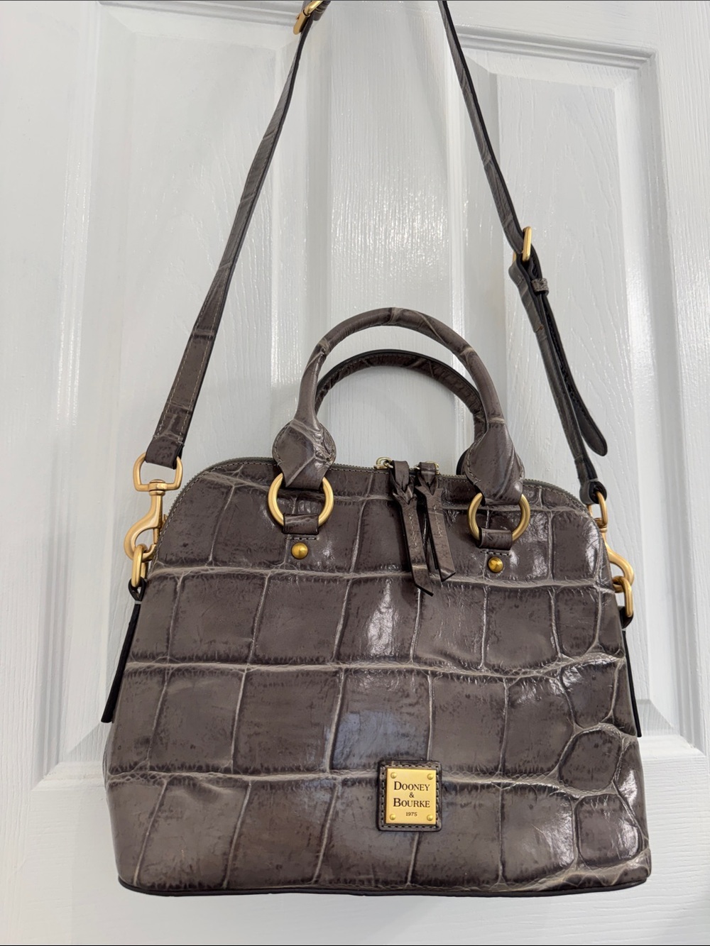 Dooney & Bourke Dark Gray Croc-Embossed Leather Satchel with Gold Hardware